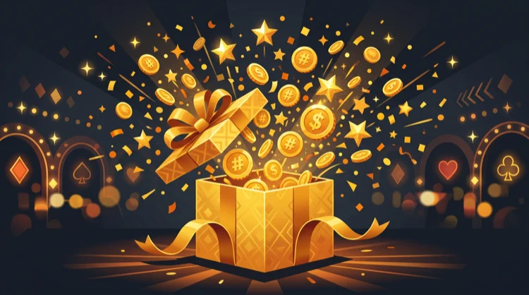 Illustratie: gouden geschenkdoos met munten en confetti als welkomstbonus