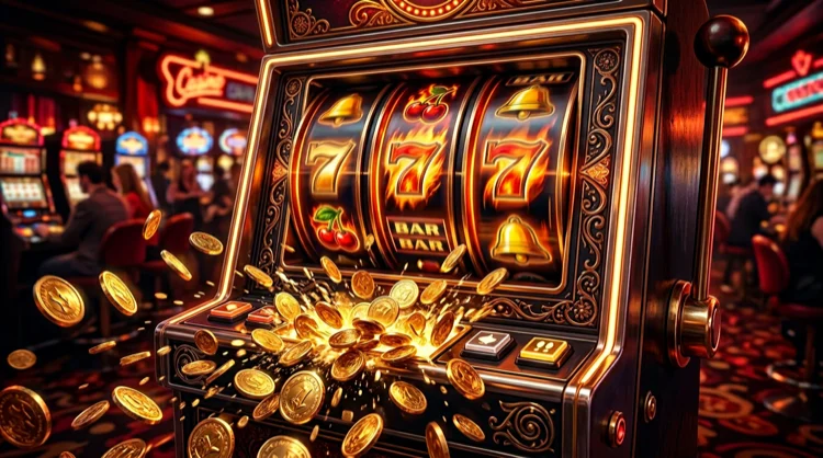 Illustratie: draaiende slotmachine met gloeiende symbolen en gouden munten
