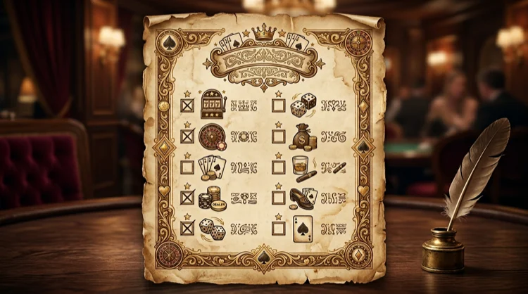 Illustratie: vintage speelgids op perkament met casino-iconen