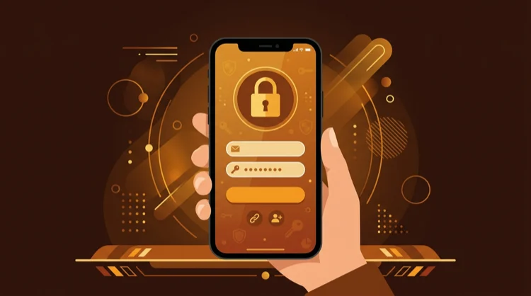 Illustratie: smartphone met inlogvelden en gouden slot als symbool voor veilige toegang