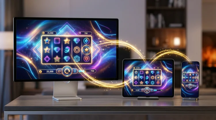 Illustratie: desktop, tablet en smartphone verbonden voor spelen op elk apparaat
