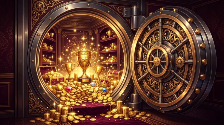 Illustratie: open kluis met trofee en munten als symbool voor accountvoordelen