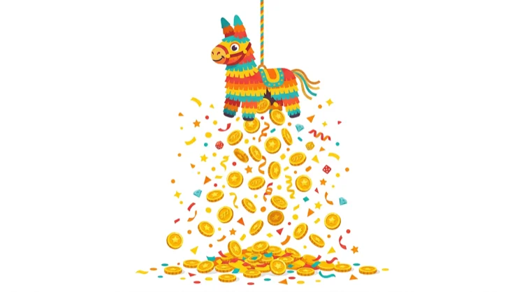 Illustratie: gouden munten en confetti uit een piñata in vrolijke casinostijl