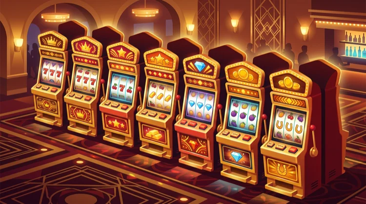 Illustratie: kleurrijke slotmachines in isometrisch perspectief met gouden en rode gloed