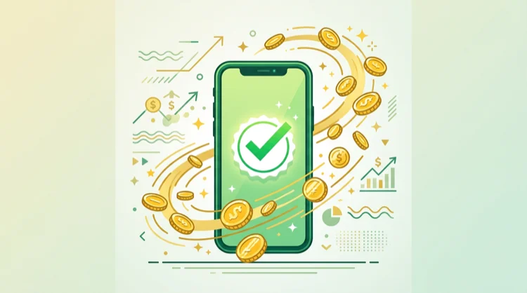 Illustratie: smartphone met groen vinkje en munten als symbool voor snelle uitbetaling