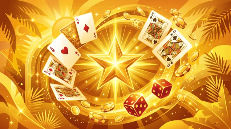 Illustratie: gouden ster met casino-symbolen zoals kaarten, dobbelstenen en munten