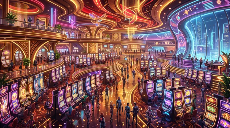 Illustratie: bruisende casino-lobby met kleurrijke slotmachines en neon in goud en rood
