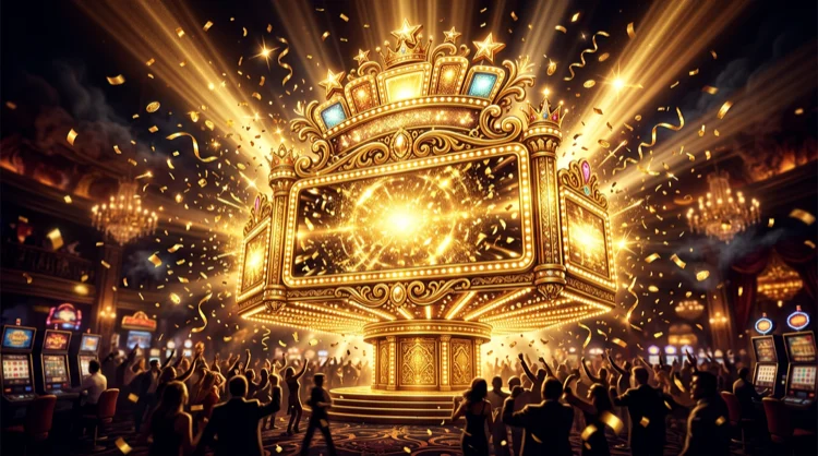 Illustratie: gouden jackpotbord met confetti en lichtstralen