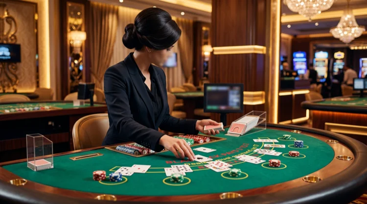Illustratie: live casino met dealer aan verlicht blackjacktafel met chips en kaarten