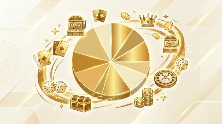 Illustratie: infographic met cirkeldiagram en casino-iconen rond RTP en eerlijk spelen