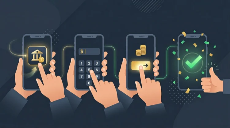 Illustratie: smartphone met stappen voor storten en groen vinkje
