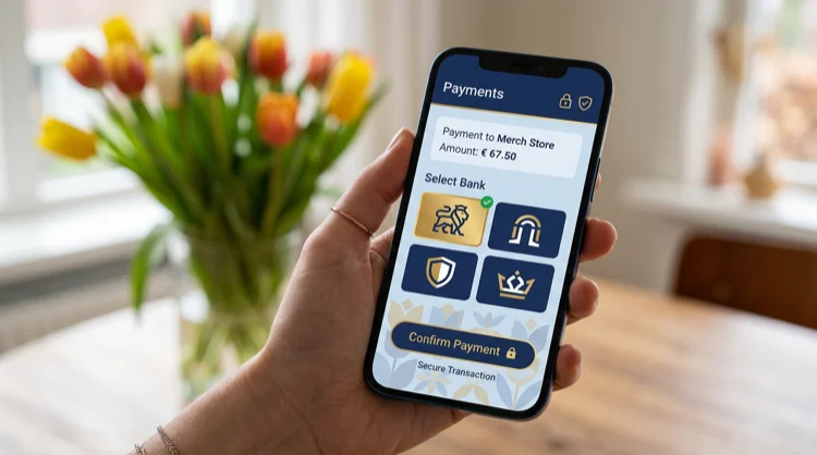 Illustratie: mobiele bankbetaling met subtiele tulpen en blauw-gouden kleuren als symbool voor vertrouwen