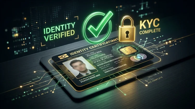 Illustratie: identiteitsbewijs met vinkje en slot voor KYC-verificatie