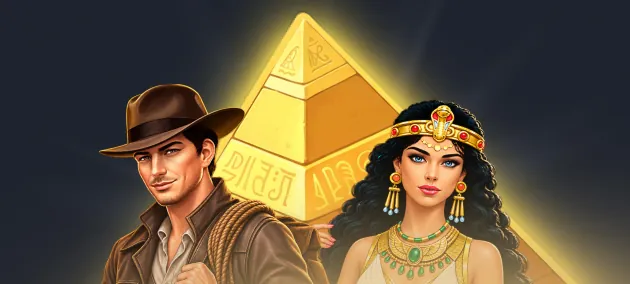 Kokobet spellen: promobeeld uit de Kokobet lobby met piramide en avonturiers