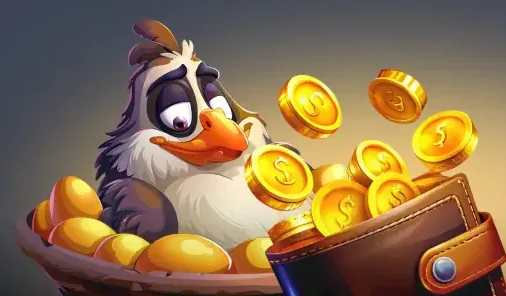 Kokobet vogel bij een schaal met gouden munten